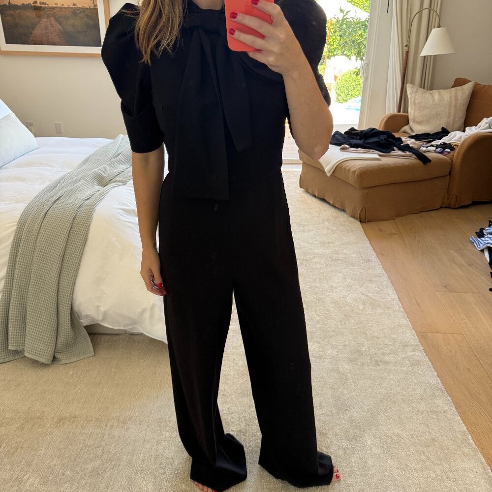 Black Halo Black Puff-Sleeve Bow-Front Wide-Leg Jumpsuit
